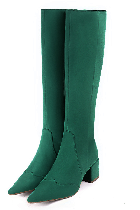 Emerald green women's feminine knee-high boots. Pointed toe. Medium block heels. Made to measure - Florence KOOIJMAN